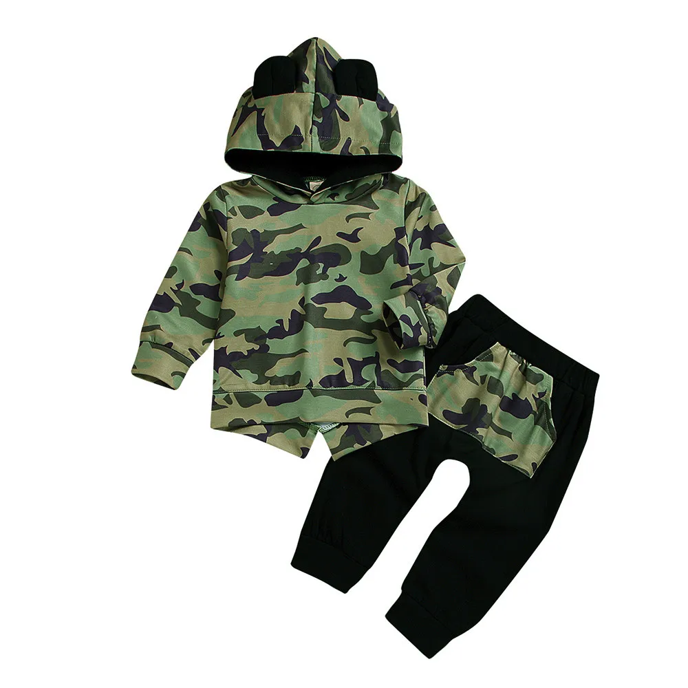 Camouflage Толстовка с капюшоном для маленьких мальчиков; Камуфляжный свитер с ушками из мультфильмов; топы и штаны; комплекты одежды; детская одежда для бега - Цвет: Camouflage