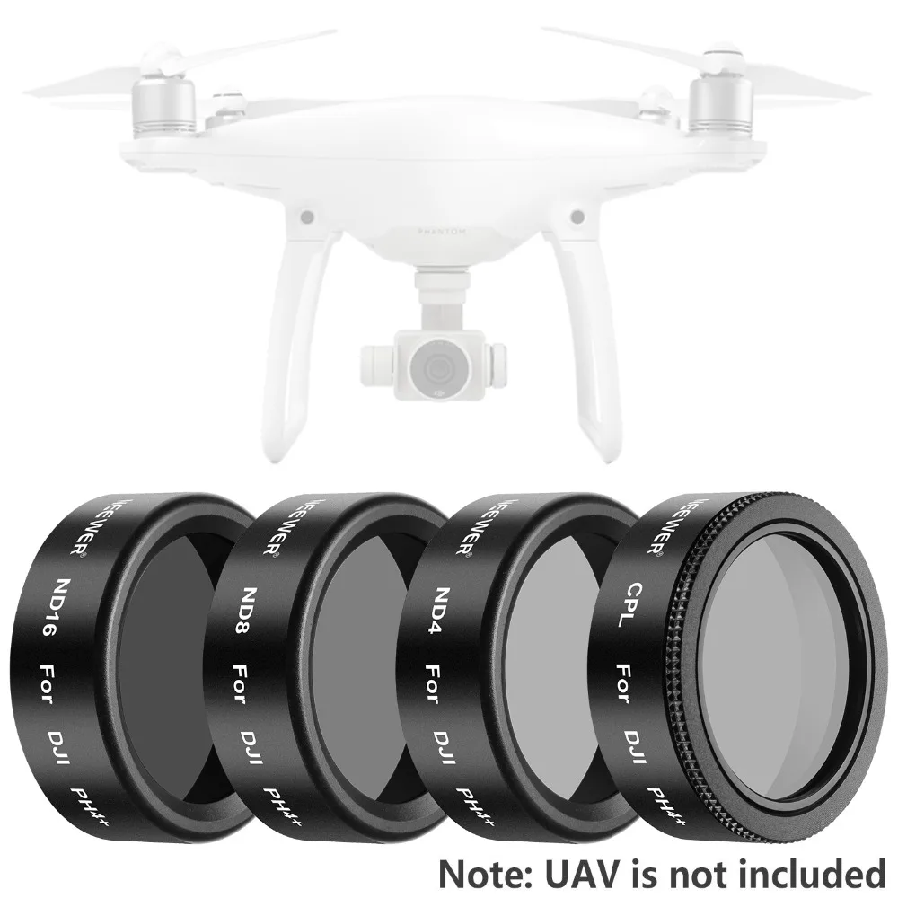 Набор фильтров Neewer 4 шт. для квадрокоптера DJI Phantom Pro включает в себя: фильтр CPL ND4 ND8