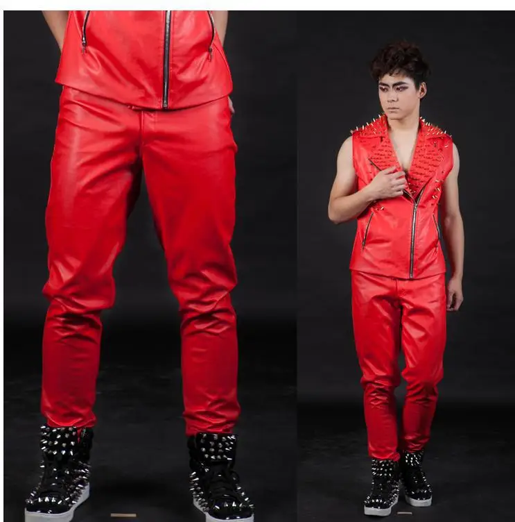 Red zipper man faux leather trousers pants for the mens PU leather 1 pants men 1 Stage star performers Customizable