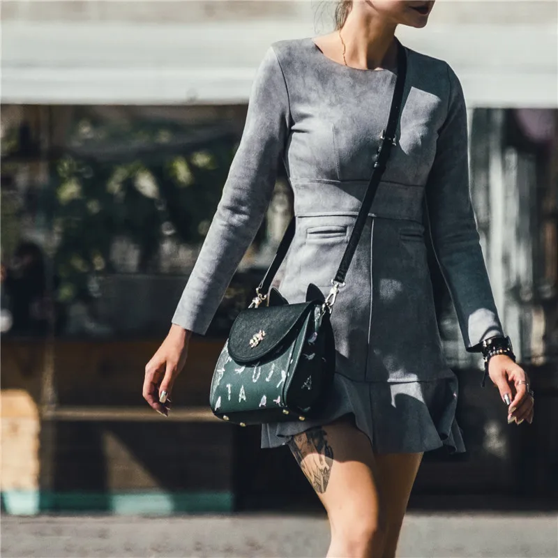 Платье мини женское замшевое с воланом завышенной талией и карманами|Женские