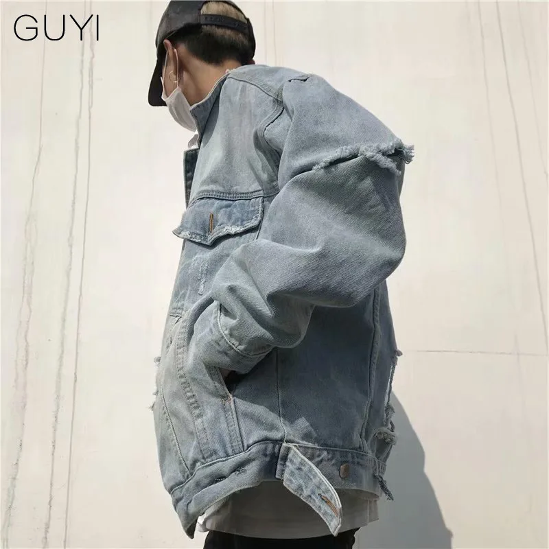 Мужская джинсовая куртка с длинным рукавом GUYI повседневная рваная большого