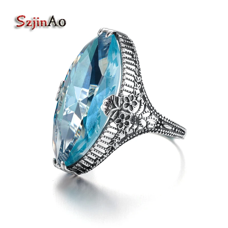 

Szjinao Charms Cloisonne Aquamarine 100% 925 Sterling Silver Ring Wild Ethnic Style Big Oval Ring For Women Luxury Brand Jewelry