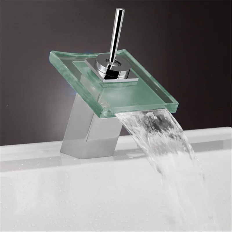 

Led Glass Waterfall Brass Faucet For Bathroom Deck Mounted basin sink 3 Color