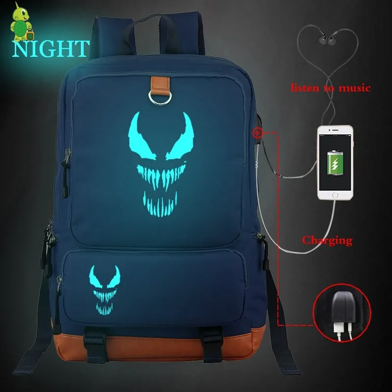 17 Рюкзак Venom Eddie Comics Hero с USB зарядкой, школьные сумки для подростков, светящийся женский и мужской рюкзак для ноутбука, большой рюкзак для путешествий - Цвет: 17