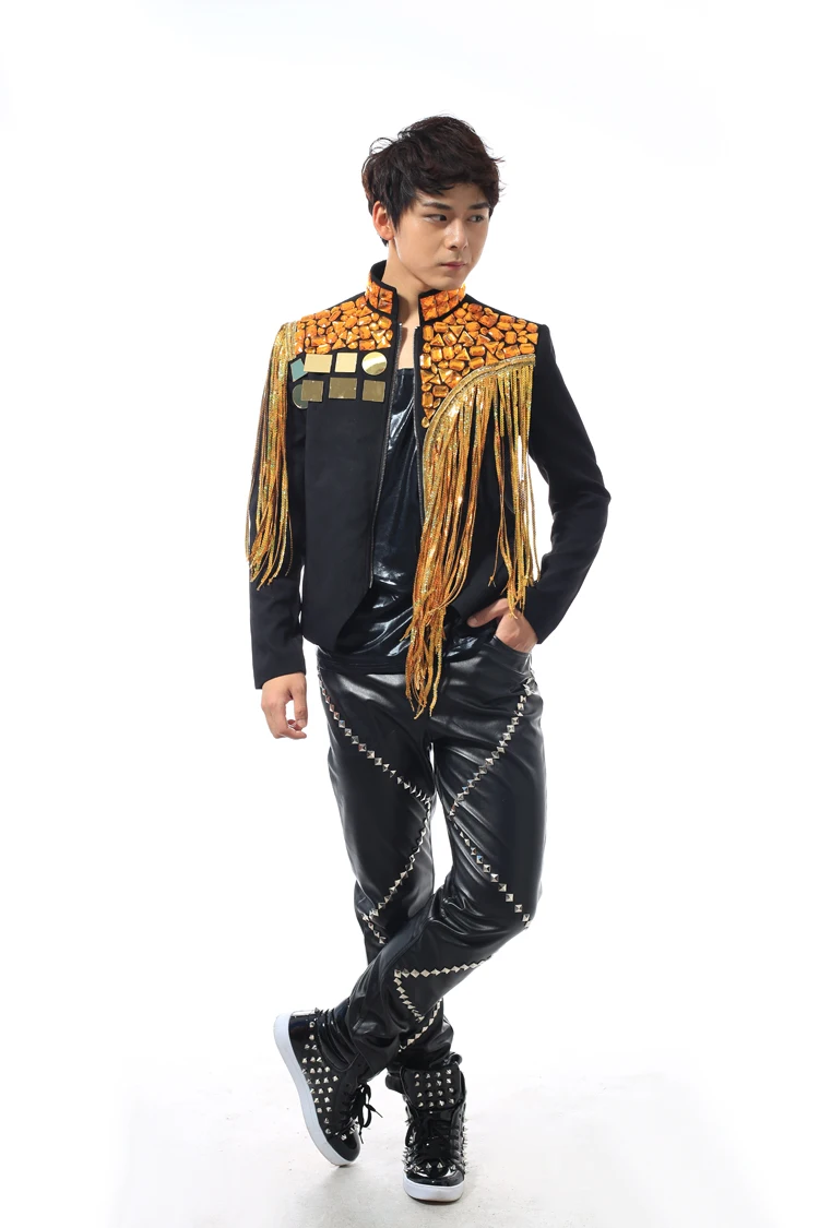 Мужской костюм черная куртка верхняя одежда пальто с бахромой корейское