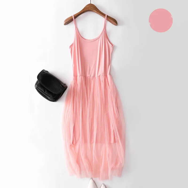 

Summer Mesh Suspender Bottom Dress Modal Loose Pure Color Inner Lap Stitching Large Lace Vest Dress Women Plus Size Elastic Girl
