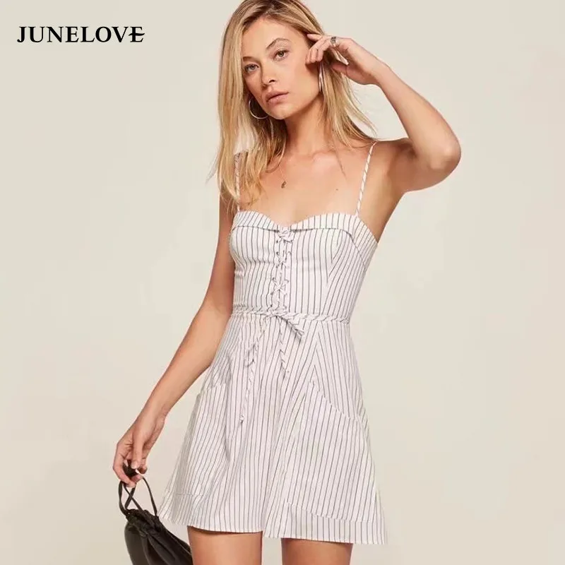 JuneLove 2018 весеннее женское повседневное модное платье на тонких бретельках без