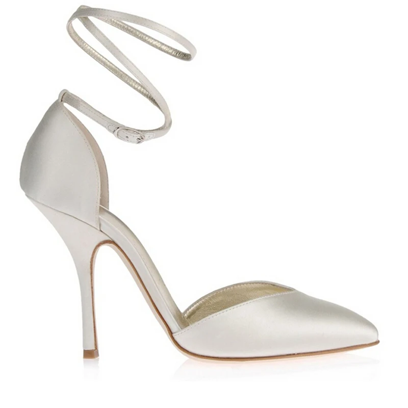

Handmade Ivory Satin High Heels Women Bridal Shoes Custom Elegant Evening Party Shoes Pointed Toe Ankle Straps Prom Party Shoes