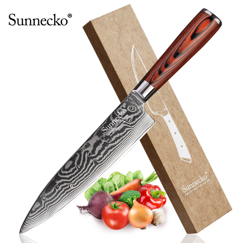 

SUNNECKO 8-дюймовый нож шеф-повара, лезвие из дамасской стали, кухонные ножи, японский VG10 стальной стержень, Pakka деревянная ручка, поварской нож