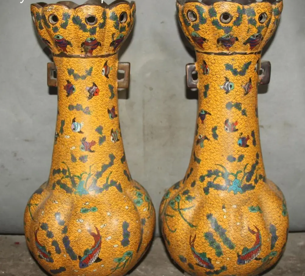 Qing Dynasty Cloisonne Enamel Purple Bronze Fish Fishes Bottle Vase Jar Pair | Дом и сад
