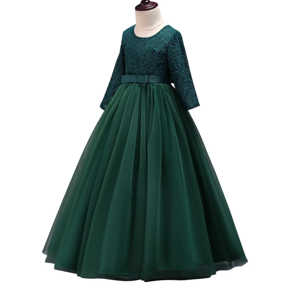 Модное Новое Детское платье для девочек с рукавом 3/4 и высокой талией зеленое