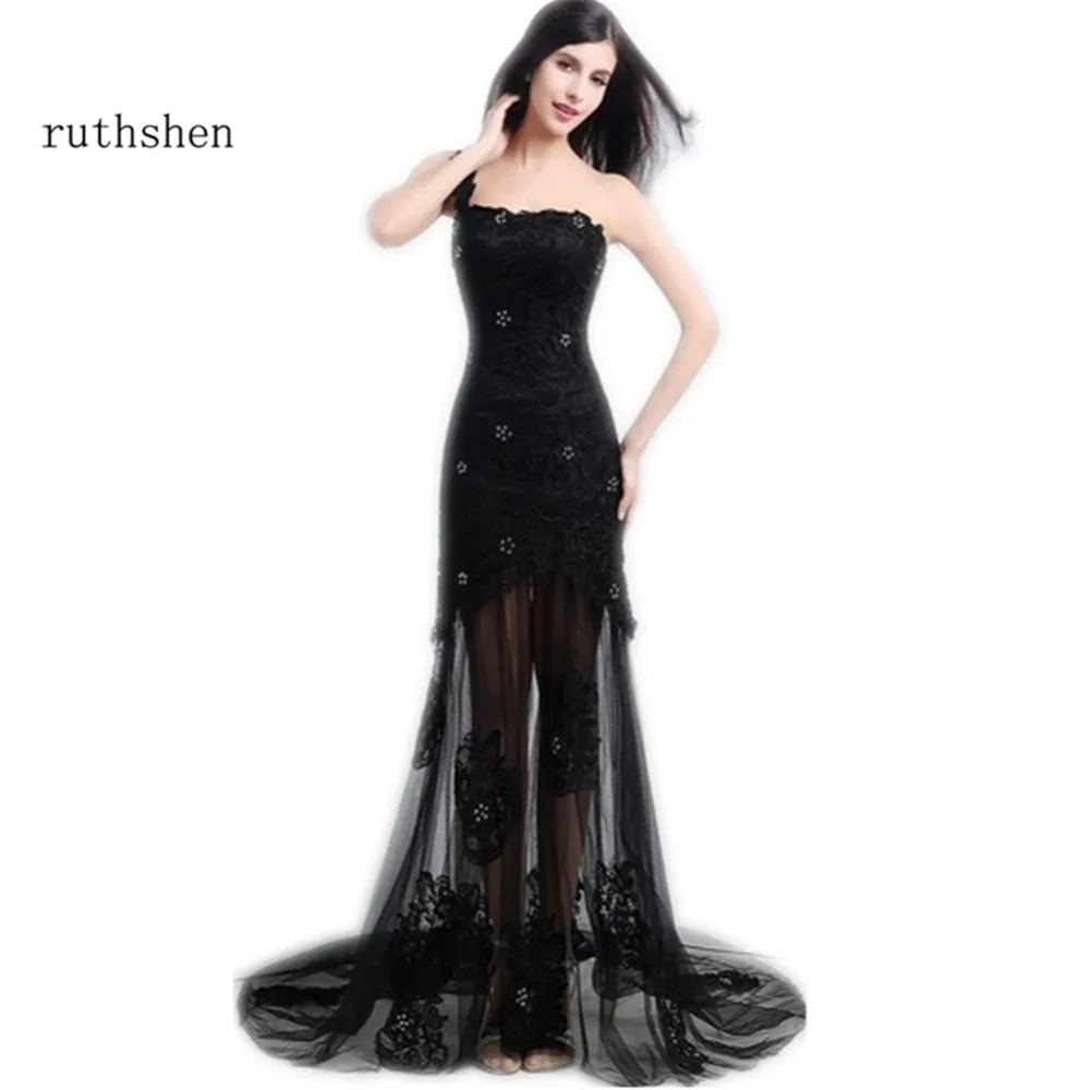 Ruthshen 2018 Новые Дешевые одно плечо черная Русалка Кружева из тюля длинное вечернее