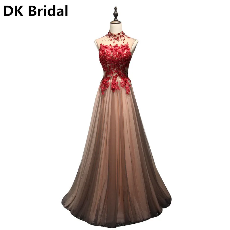 

Sexy Halter A-line Bridesmaid Dresses Burgundy Appliques Beaded Lace-up Bridal Prom Dress Party Gowns Maid Of Honor Dress