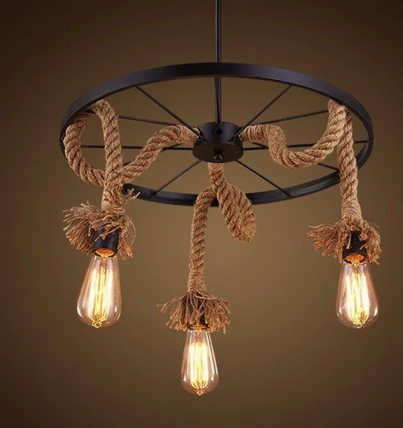 

Retro Loft Restaurant Wheel Design Pendant Light Creative Wrought Iron Coffee Shop Bar Decoration Hemp Rope Edison Lights