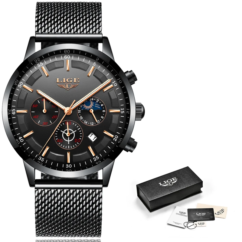 

Relogio LIGE Mens Watches Top Brand Luxury Casual Quartz Wristwatch Men Fashion Stainless Steel Waterproof Sport Chronograph+Box