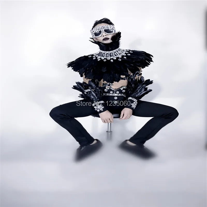 WYY Стразы плащ с перьями бальных танцев Мужские носит костюм очки певица куртка