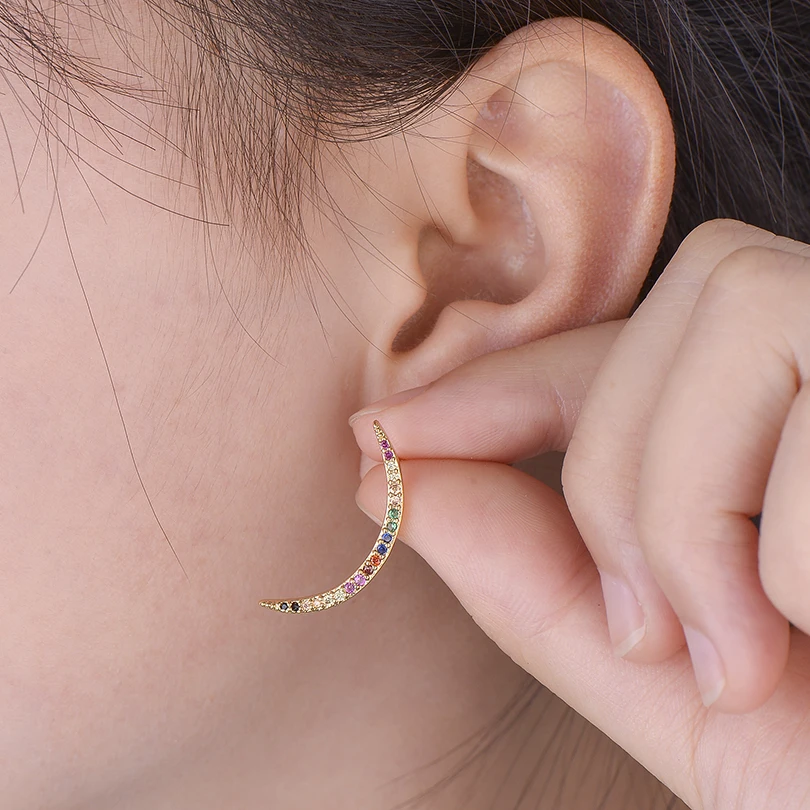 Pipitree Simple Moon Shape AAA Cubic Zirconia Stud Earrings Minimalist for Women Girls Punk Hip Hop Jewelry Brincos | Украшения и