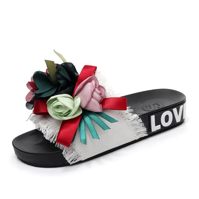 Женские летние шлепанцы из джинсовой ткани с цветами|Тапочки| |