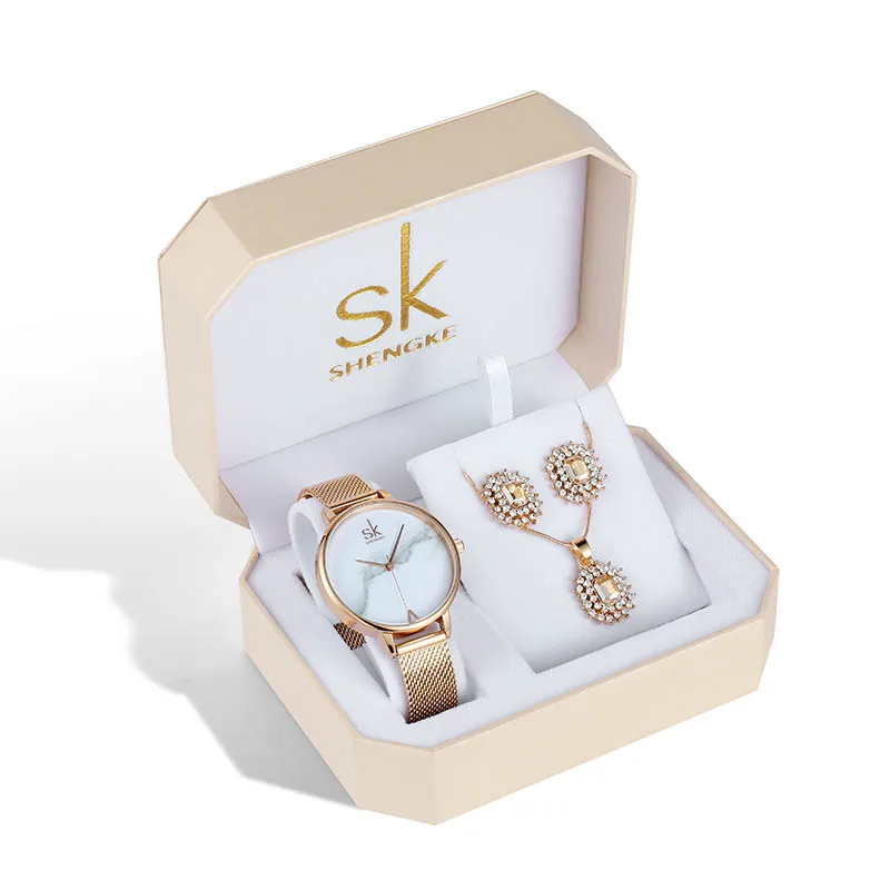 K0039 with watch set Shengke часы из розового золота женские серьги ожерелье набор SK креативные женские кварцевые часы кристалл набор украшений для женщин - Цвет: K0039 with watch set
