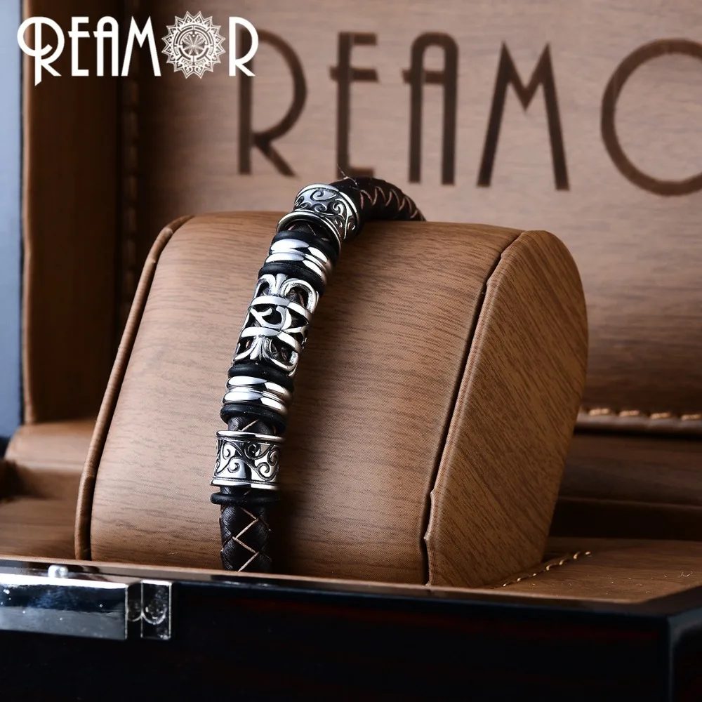 Мужской браслет из нержавеющей стали REAMOR натуральной кожи 316L пряжка с магнитом|men