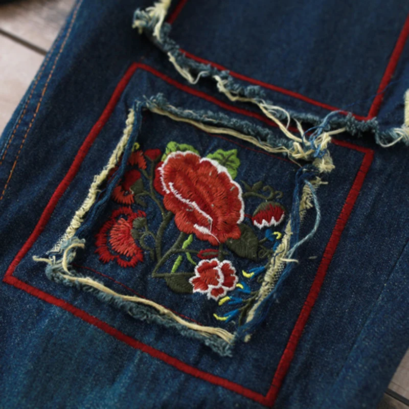 Джинсовые Капри с цветочной вышивкой Женские 2018 Летние повседневные винтажные