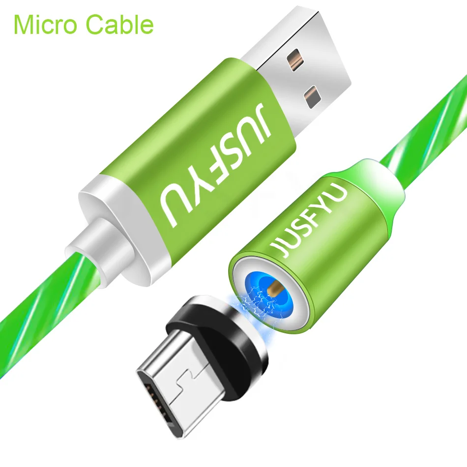 Green for Micro Течёт светящийся Магнитный кабель Micro usb type C адаптер для зарядки телефона Micro usb type-C Магнитный зарядный кабель для iphone samsung - Цвет: Green for Micro
