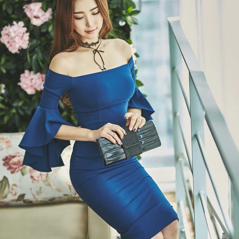 Модные летние Стиль женское платье Элегантное синее с вырезом лодочкой