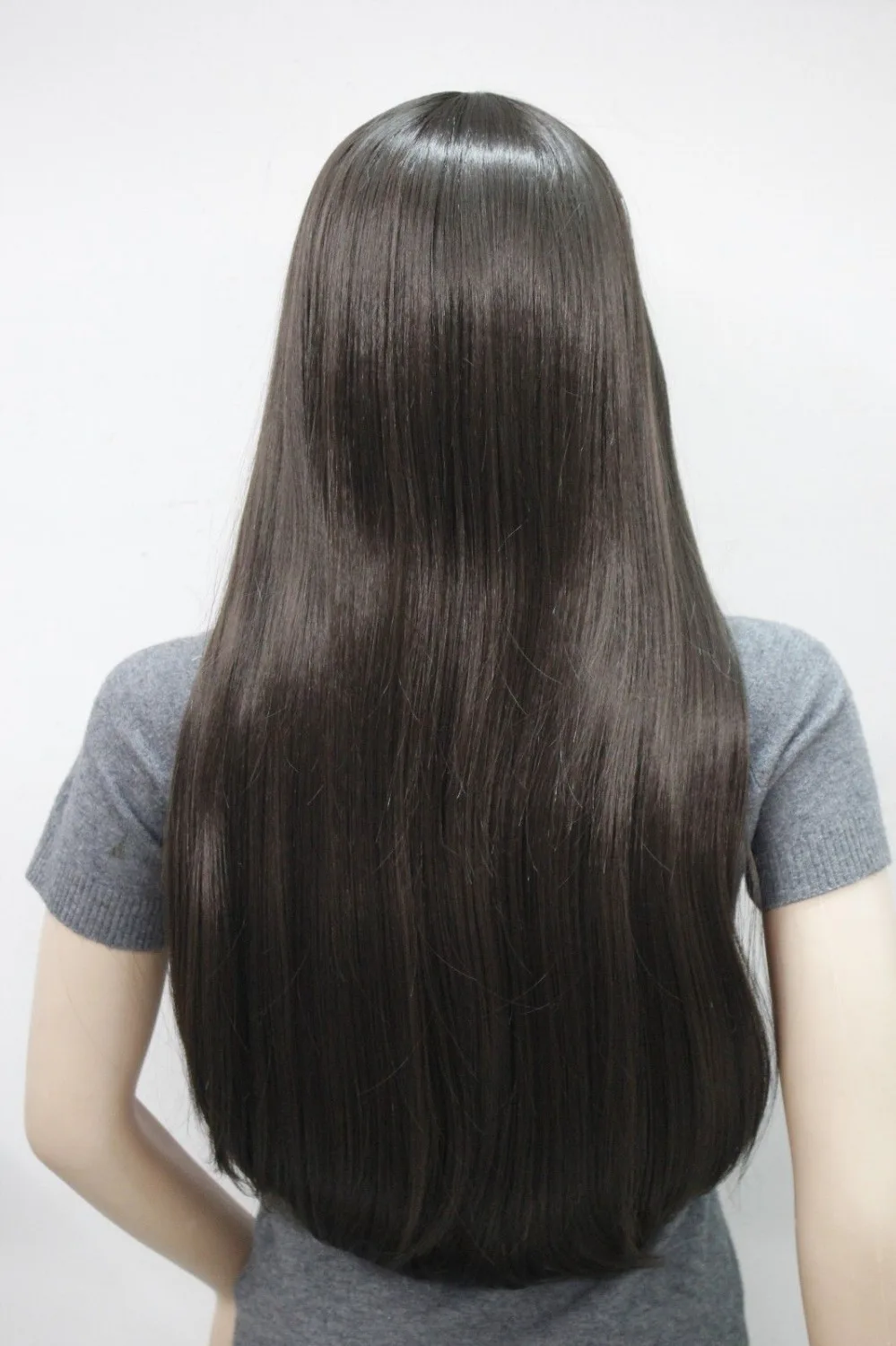dd001848 New brown no bangs center skin part top synthetic women's straight long wig |