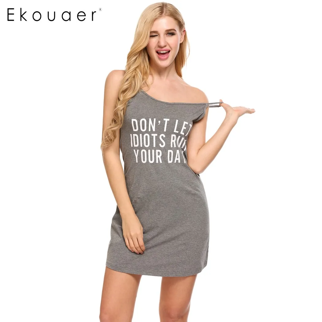 Ekouaer Для женщин Письмо печати ночная рубашка сна Lounge платье пижамы сексуальное v