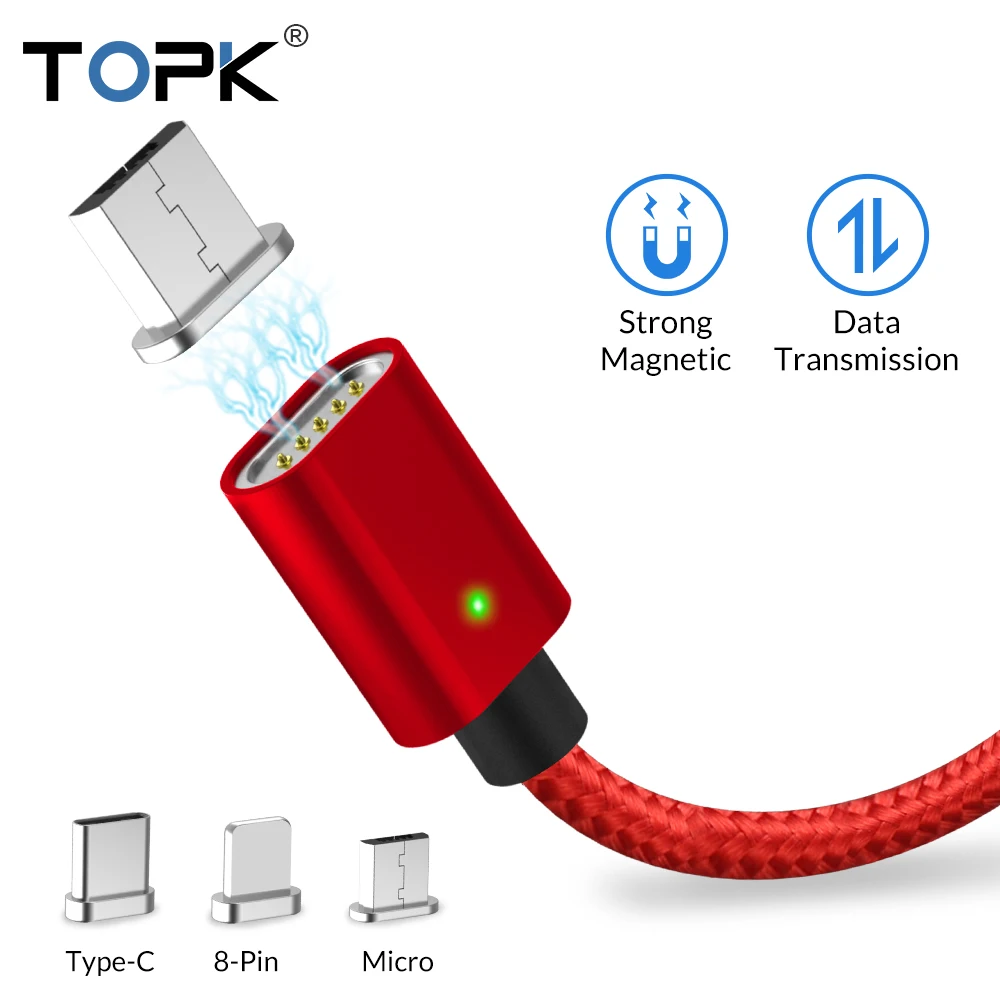 Магнитный кабель TOPK Micro USB Type C магнитный для зарядки и передачи данных кабели