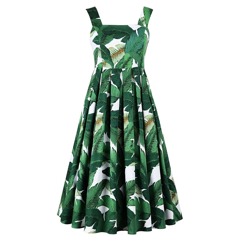 35 женское винтажное платье 50 s зеленый пальмовый узор в виде банановых листьев на