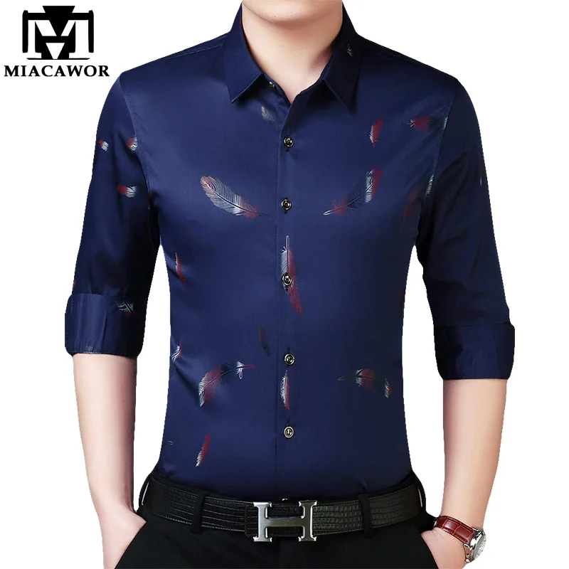 

MIACAWOR 2019 New Casual Shirts High Quality Print Men Shirts Slim Fit Social Shirt Long Sleeve Camisa Masculina C452
