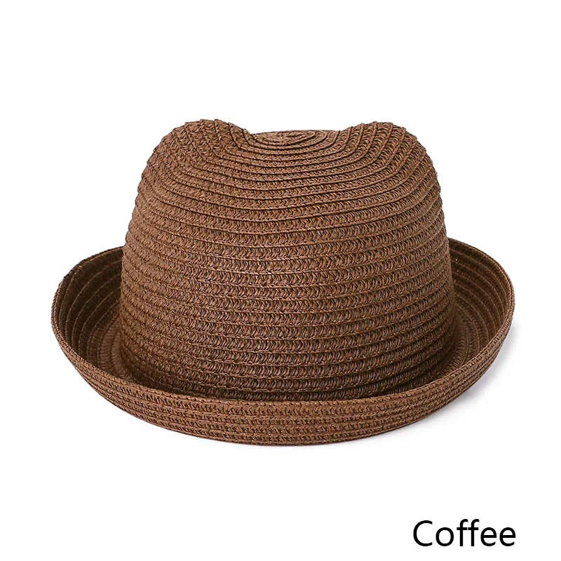 Coffee Модные Соломенные Детские шапки с ушками, Панама для девочек, Кепка для мальчика, Детская летняя кепка, Детская однотонная пляжная Панама, s - Цвет: Coffee