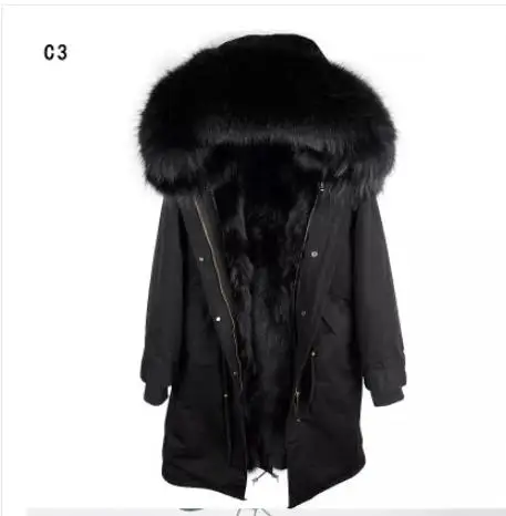 c3 black Зимняя женская куртка с натуральным мехом размера плюс, парка из натурального меха енота, черная длинная куртка с подкладкой из меха енота для женщин - Цвет: c3 black