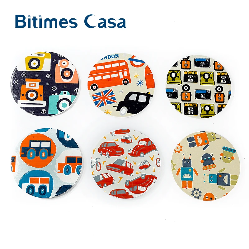 Bitimes 6 шт./компл. милый мультяшный узор круглый MDF стол Coaster деревянная кофейная
