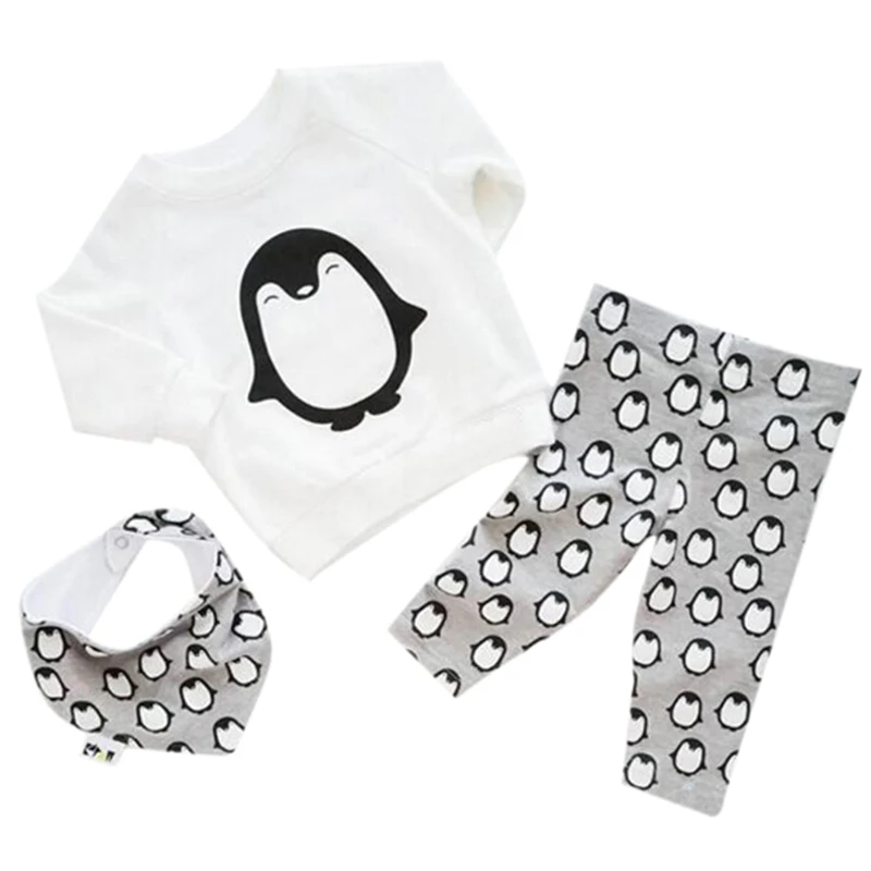 2018 Autumn Newborn Baby Girl Clothes 3pcs Sets Penguin Tops+Pants+Headband Cartoon Children Boy Clothing outfits | Детская одежда и