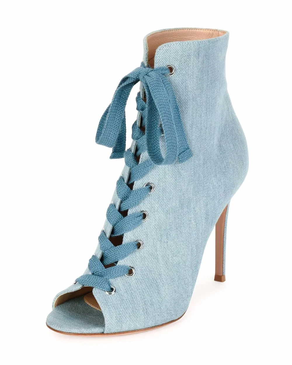 Harga 2017 Musim Semi Wanita Fashion Jeans Sepatu Sepatu Hak Tinggi Super Peep Toe Wanita Seksi Biru Denim Tinggi Tumit Sepatu Renda Lebih Tinggi Sepatu Hak