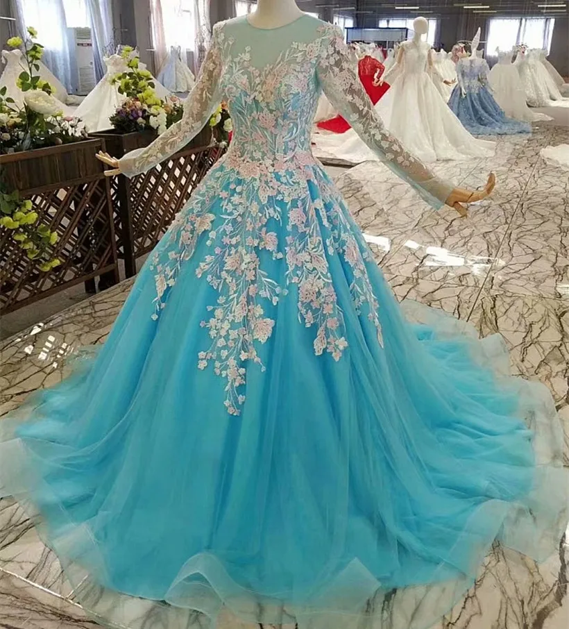 Бальное платье с длинным рукавом Тюль Кружева Цветы Аппликации Элегантные