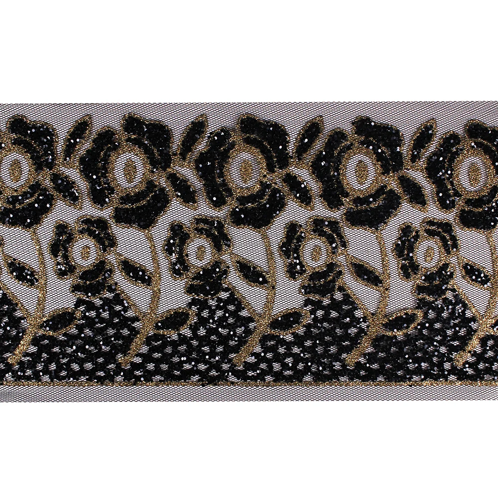 10 ярдов Черная Золотая Цветочная кружевная лента с блестками отделка ткань шнур