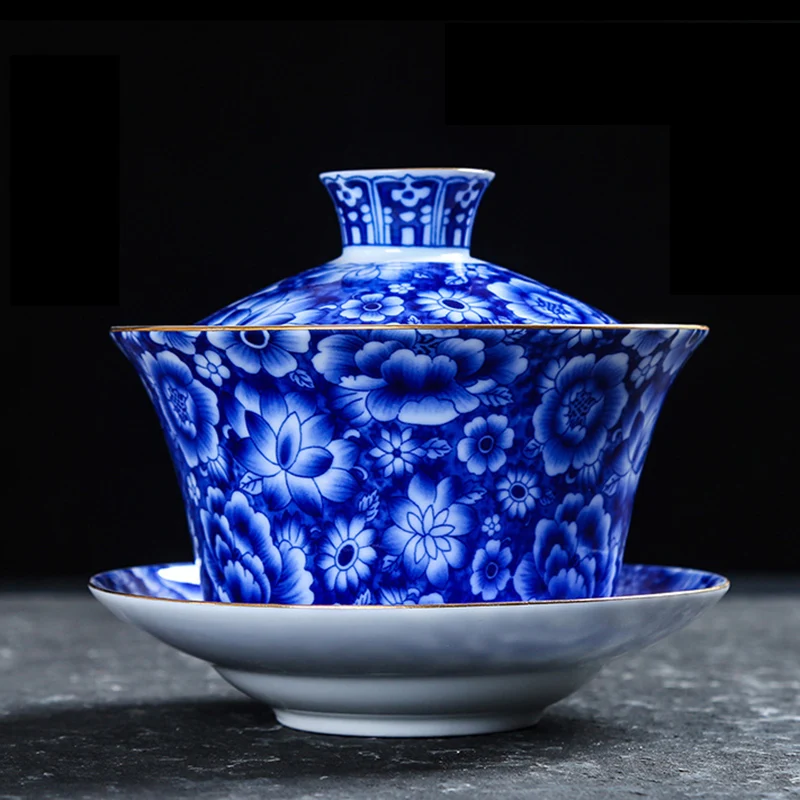Цзиндэчжэнь керамический синий и белый фарфор винтажный Gaiwan с комплект крышек