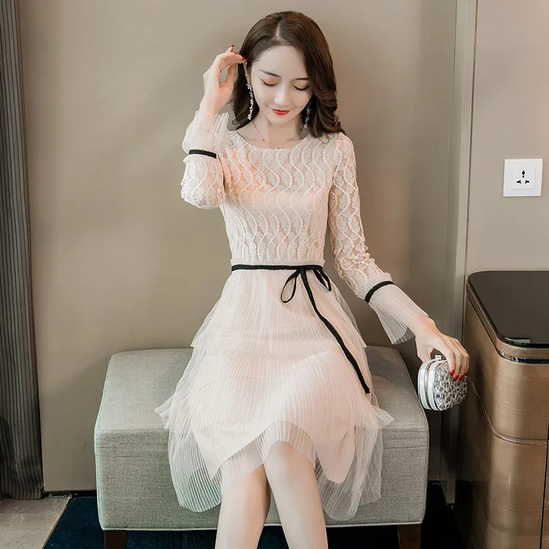 Кружевное Сетчатое тонкое платье-туника с поясом плиссированное платье женское