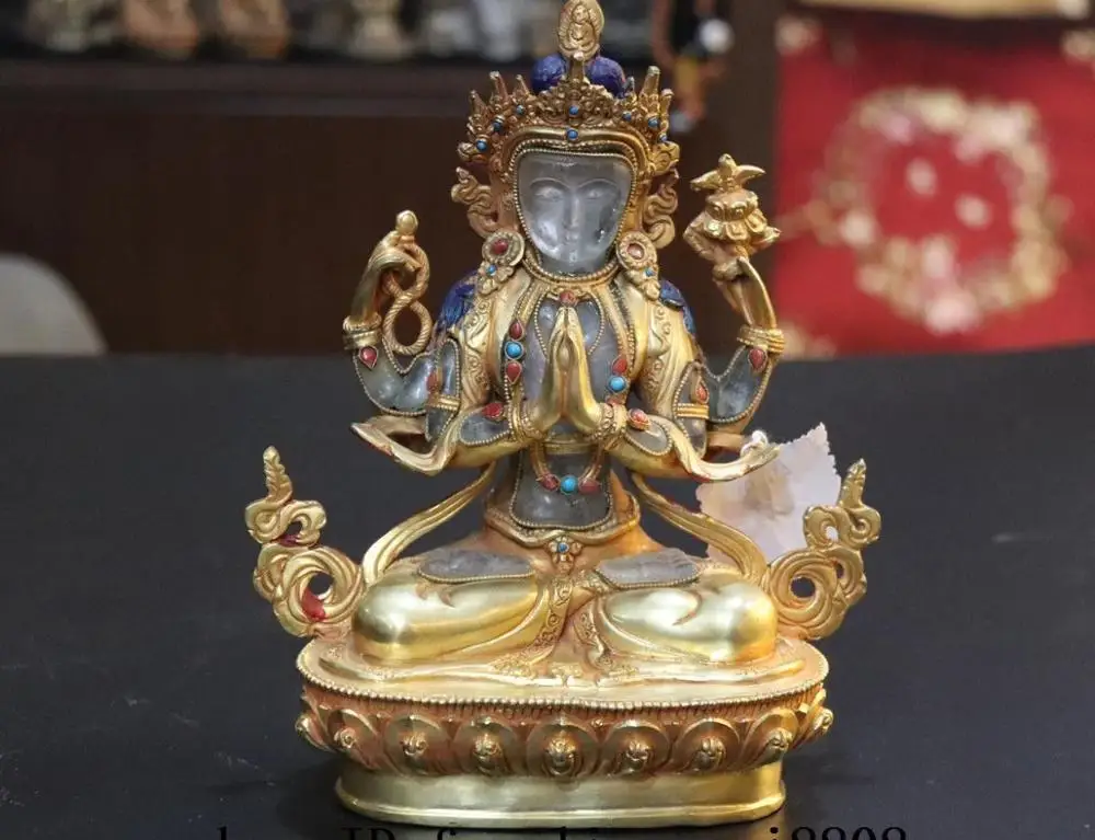 

Tibet Copper Gild Inlay Crystal Gem Four Hands Arm Kwan-yin GuanYin Statue