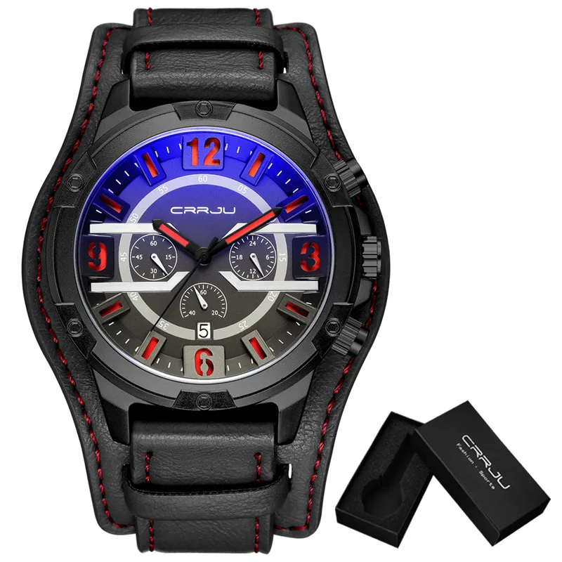 black red Новые часы мужские роскошные брендовые CRRJU Хронограф Мужские спортивные часы водонепроницаемые кожаные кварцевые мужские часы s Relogio Masculino - Цвет: black red