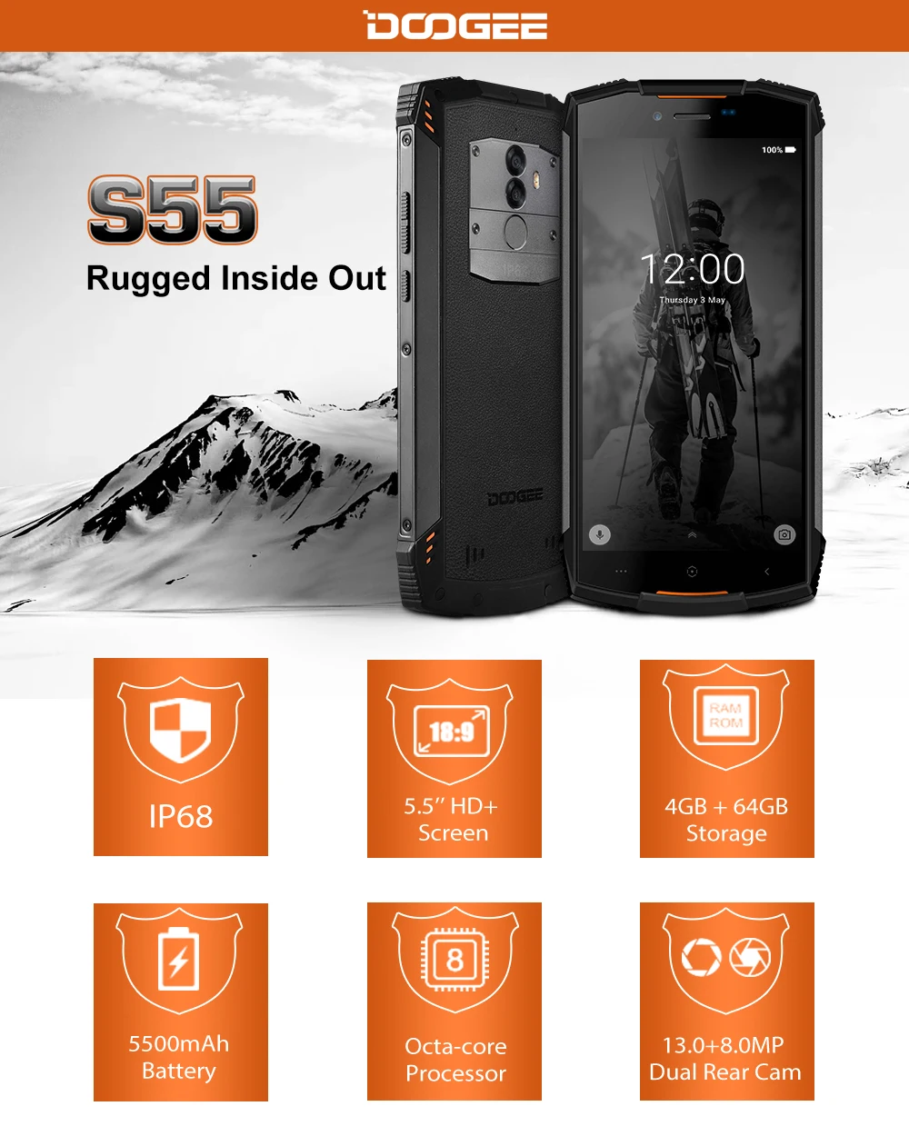 IP68 Водонепроницаемый DOOGEE S55 5,5 дюймов 18:9 смартфон 4 ГБ ОЗУ 64 Гб ПЗУ 5500 мАч MTK6750T Восьмиядерный Android 8,0 две sim-карты 13,0 МП 5V2A