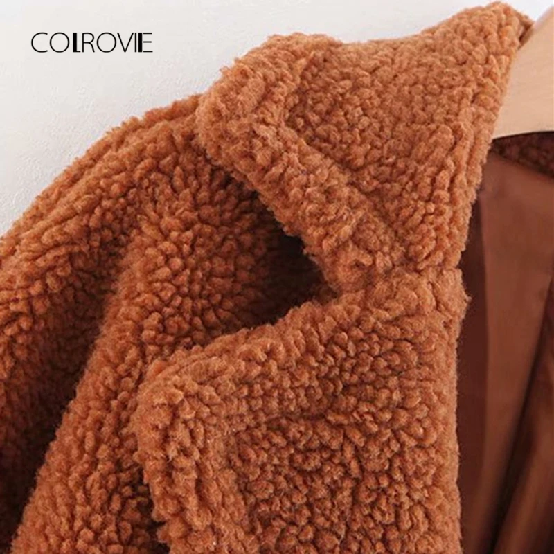COLROVIE Brown Solid Pocket Open Front Casual Teddy Coat Women Autumn Fashion Warm Long Coat Office Ladies Elegant Outwear