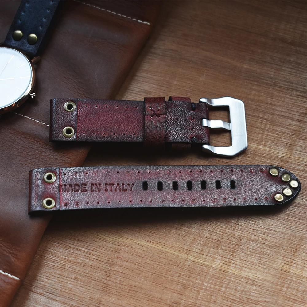 Handmade Vintage Genuine Leather Watchbands Red/Green/Black/Yellow Watchband Strap for Panerai Belt Carving Buckle18 20 22 24mm