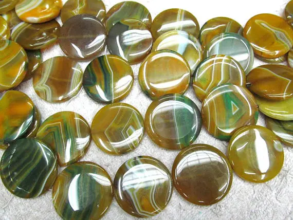 

wholesale 20 25 30 35mm full strand Natural Brazil Agate Sardonyx Agate Carmerial round button coin green yellow jewelry bead