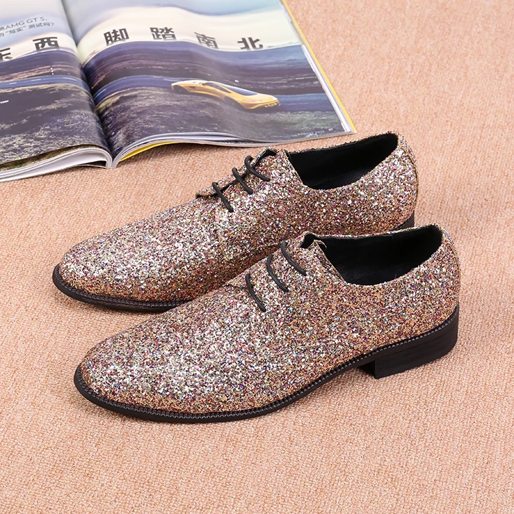 

Italian fashion round toe sequined oxfords for men camel/black lace up flat leather shoes men chaussure homme casual shoes