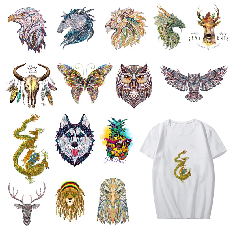 Цветные животные Утюг на теплопередача патчи для детской одежды DIY полосы Дракон