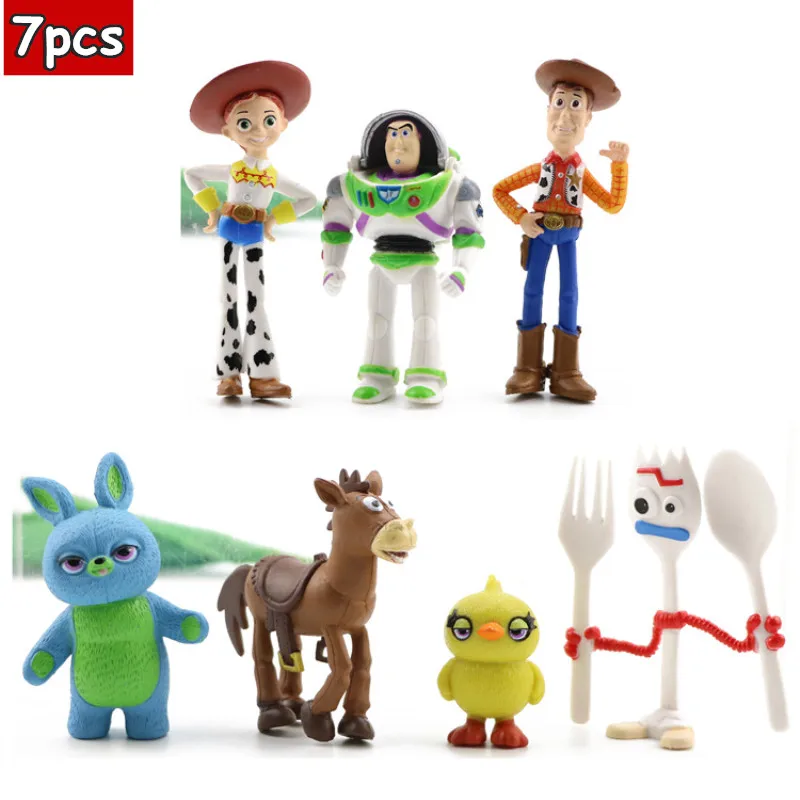 7pcs 7 шт. игрушка История 4 Мультфильм игрушка древесный Базз Лайтер Джесси форки торт украшение Коллекционная модель куклы дети плюш, плюш игрушка - Цвет: 7pcs